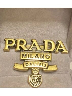 Prada Antique Gold Milano Logo Emblem pin brooch Unisex